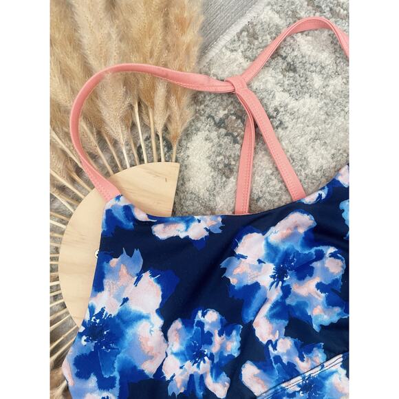 B1G2 FREE 🍁 Blue Floral Strappy Racerback Sports Bra Small Activewear Workout - Picture 3 of 4